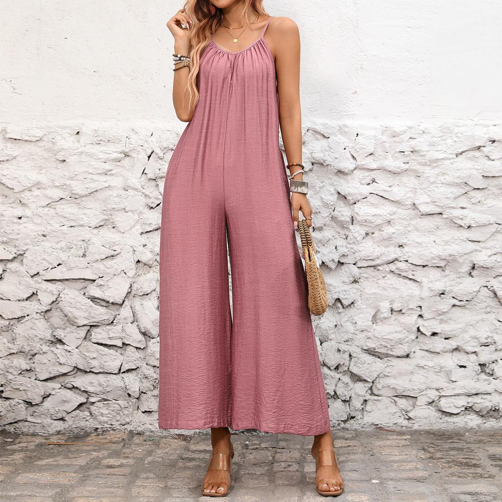 Women Loose Wide Leg Jumpsuit Adjustable Spaghetti Straps Sleeveless Casual Romper Full Length Palazzo Pants