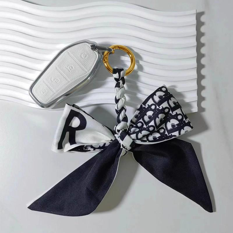 Luxury Blue Silk Scarf Bow Handbag and Car Keychain Pendant with D Letter
