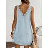 Moda Estiva Abito in Pizzo Scollo a V Vacanza Elegante Festa Corto Traforato Senza Maniche Monocolore Linea ad A Dolce Ampio Sexy Senza Maniche Abbigliamento
