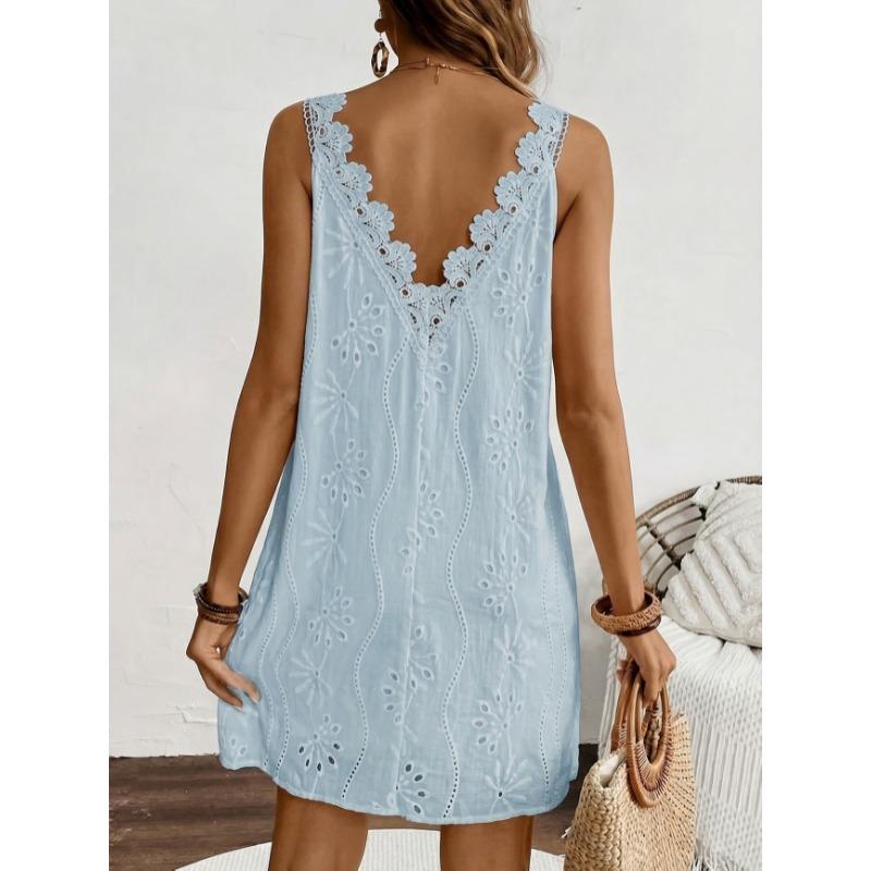 Moda Estiva Abito in Pizzo Scollo a V Vacanza Elegante Festa Corto Traforato Senza Maniche Monocolore Linea ad A Dolce Ampio Sexy Senza Maniche Abbigliamento