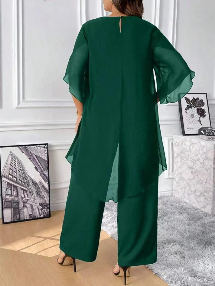 Completo da Donna Taglie Forti con Paillettes, Chiffon, Girocollo, Manica 3/4, Vita Elastica