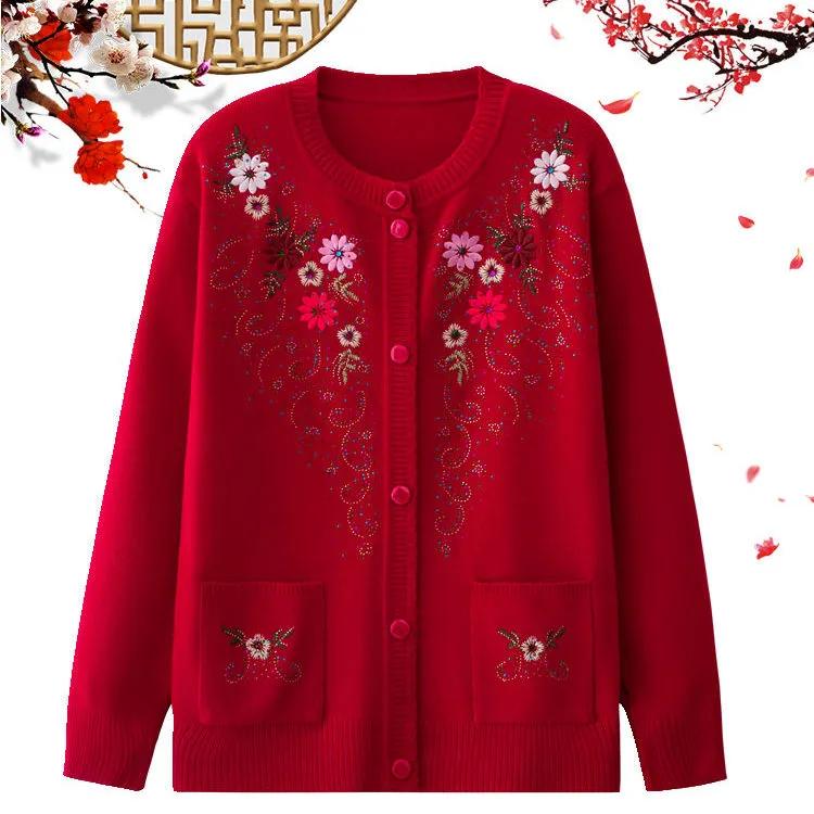

Женское весеннее однобортное облегающее пальто-свитер для женщин среднего и пожилого возраста, вязаный кардиган с вышивкой, тонкая бабушкина одежда 2XL красный
