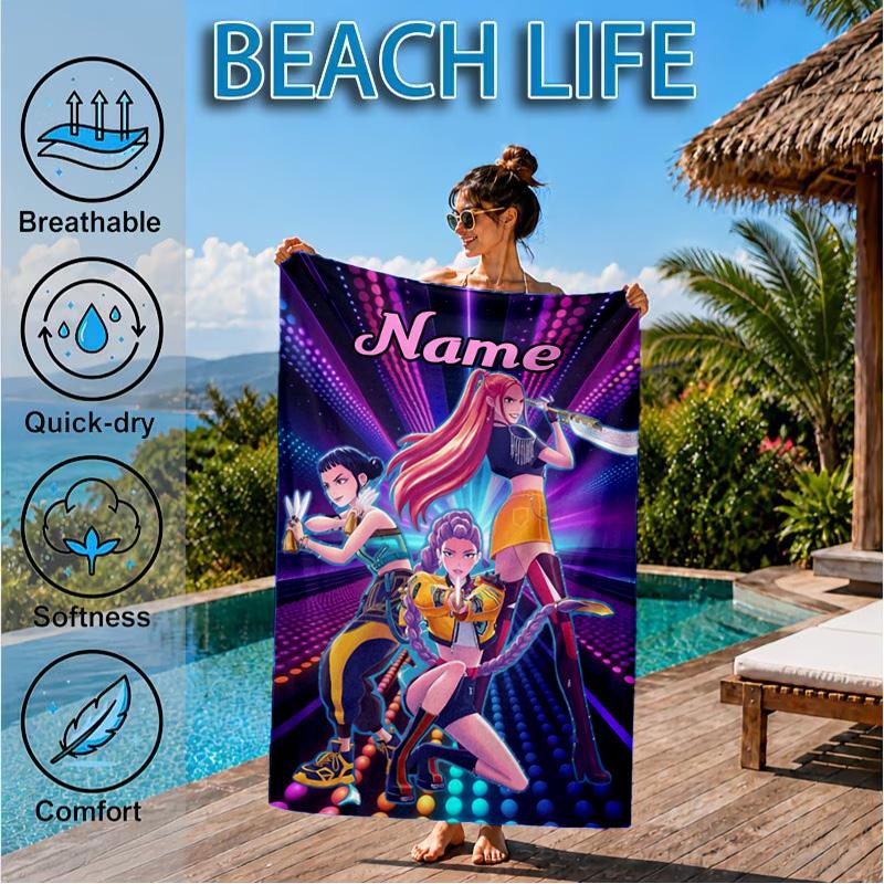 Custom Name KPop Cartoon Beach Towel Microfiber Beach Towel, Lightweight and Quick-Dry, for Summer Travel, Swimming Pool Gift