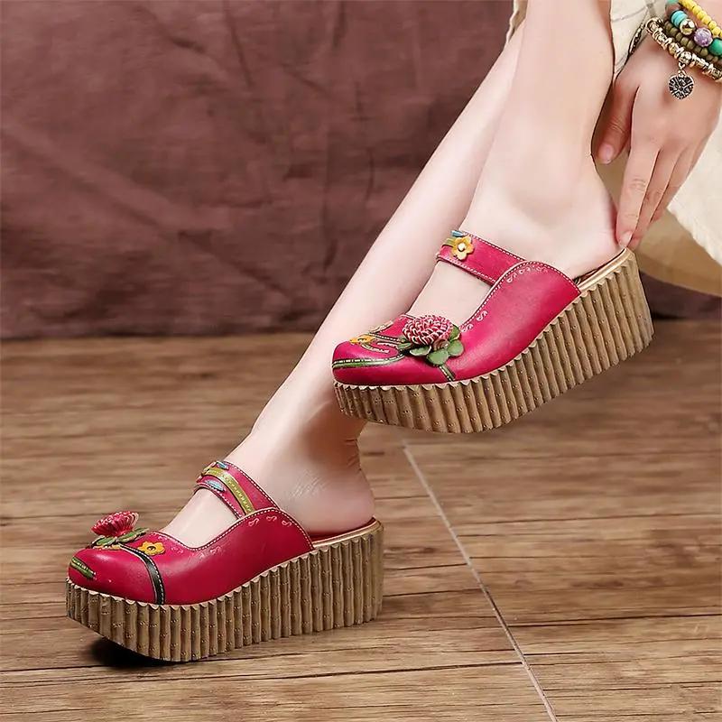 Fashion GKTINOO 2025 Summer Shoes Women Wedge Slides Cover Toes Handmade Flower Thick Heels Genuine Leather Lady Platform Slippers