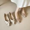 Weiwei girl 696-18 French bow rivet pointed single shoes women's summer with skirt temperament flat-bottomed ladyshoes