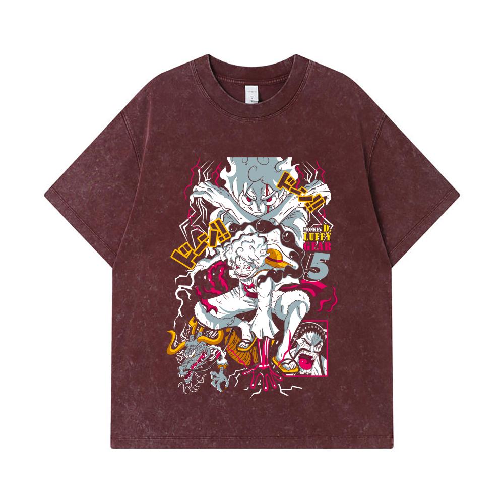 275 GSM Washed T-shirts 100% Cotton One Piece V23 Luffy Gear Print Unisex Heavy Cotton T Shirt