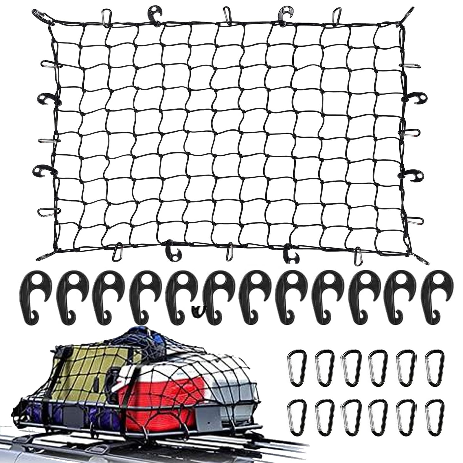 

Temiry Cargo Prevents Cargo from Stretchy Roof Rack Net with 12 ABS Hooks and 12 Highly for and Universal Fit Net, 90x120cm, Slipping, D-Shaped