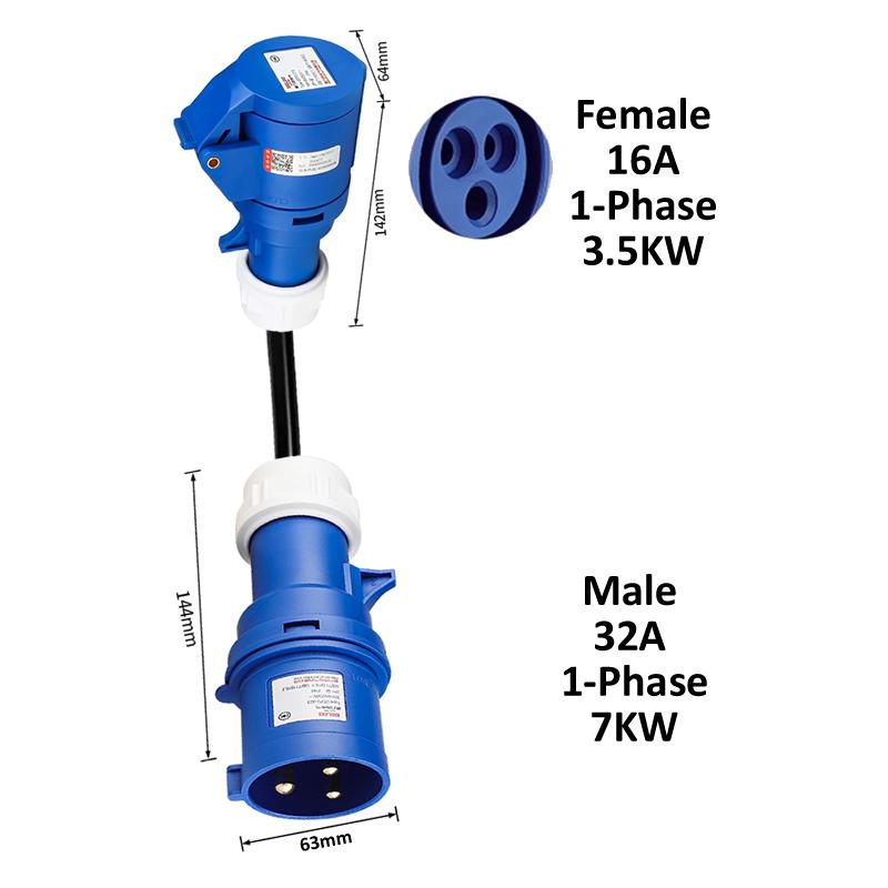 Electric Vehicle Charging Adapter Male 32A Blue 1-Phase 7KW CEE Plug To Femal 16A/32A Red 3-Phase / Blue 16A 1-phase Socket
