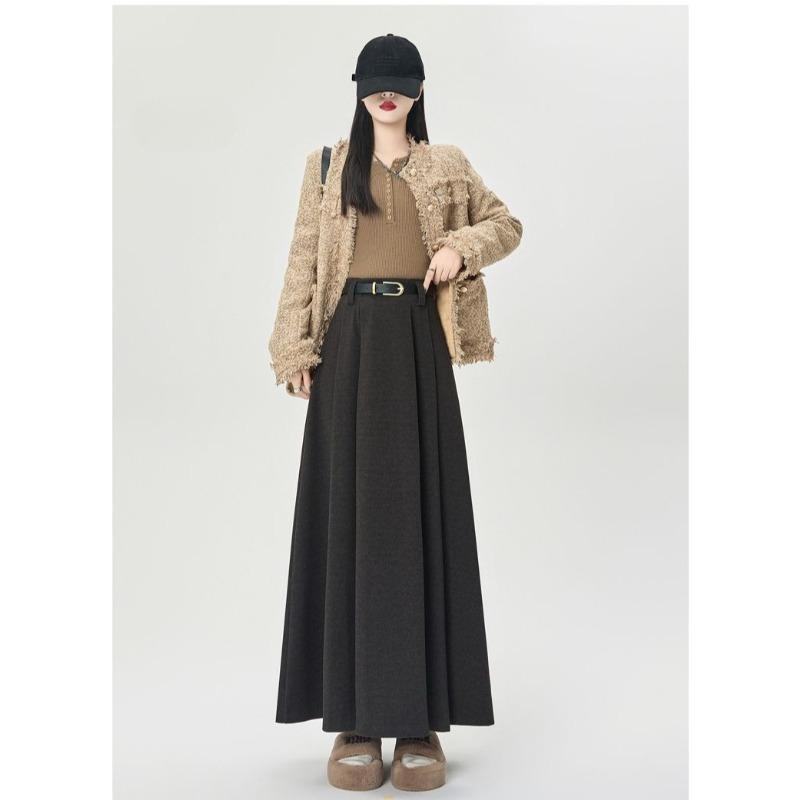 Winter Autumn High Waist Wool Pleated Skirt Women A Line Midi Skirt Solid Color Flared Skirt Slimming Long Skirt