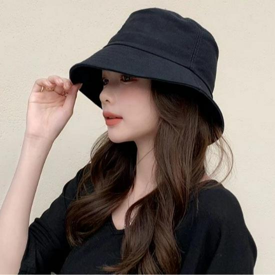 Women's Black Bucket Hat - Sun Protection Wide Brim, Korean Style, Casual Outdoor Travel Hat