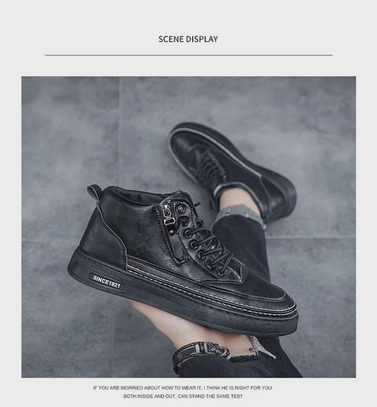 Botas Martin de cano alto de veludo de inverno masculinas - Sapatos casuais de couro com sola grossa e algodão quente da moda