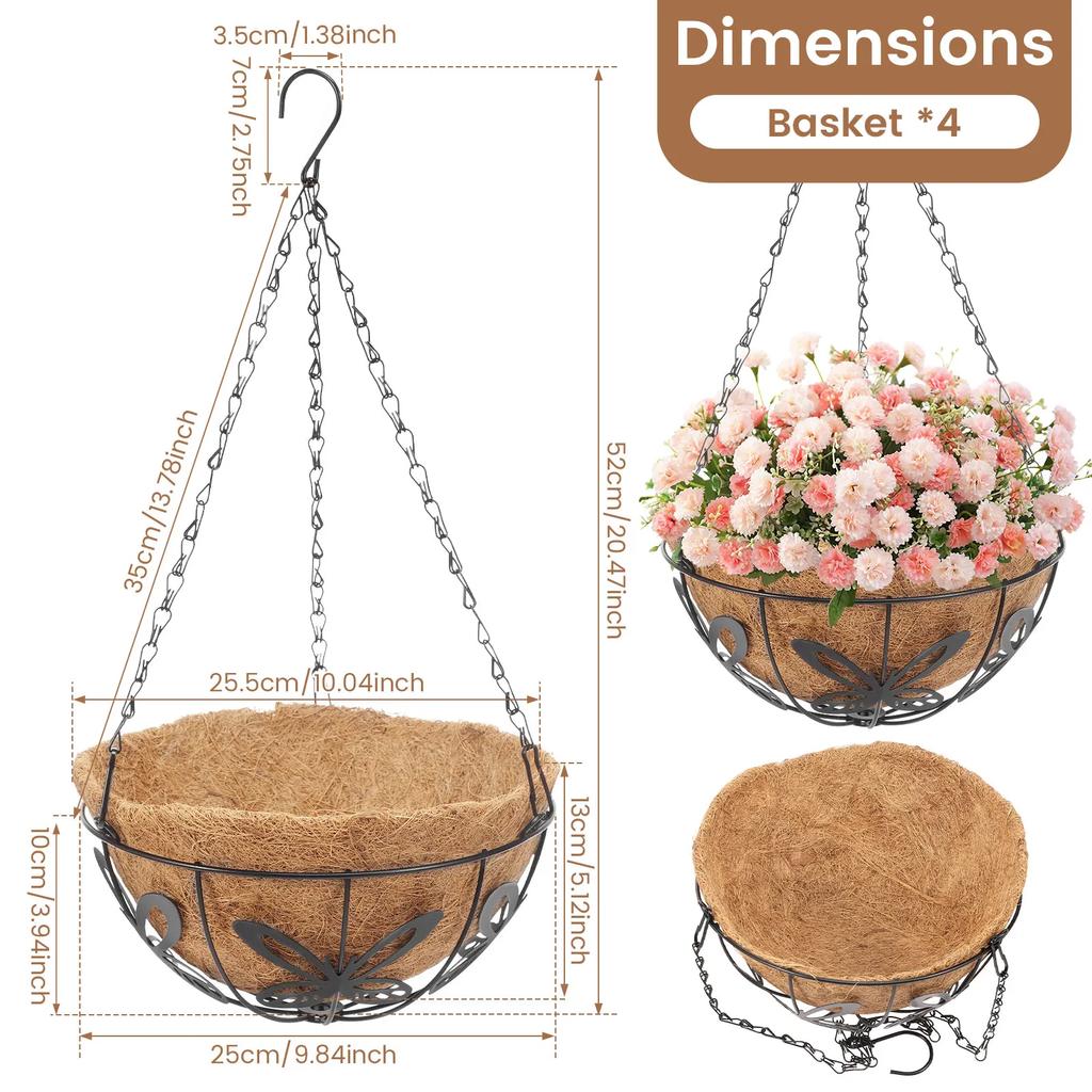 4Pcs 10 Inch Hanging Flower Basket Outdoor Coco Liner Round Hanging Flower Pot with Chain and Hook Metal Plant Basket for Garden