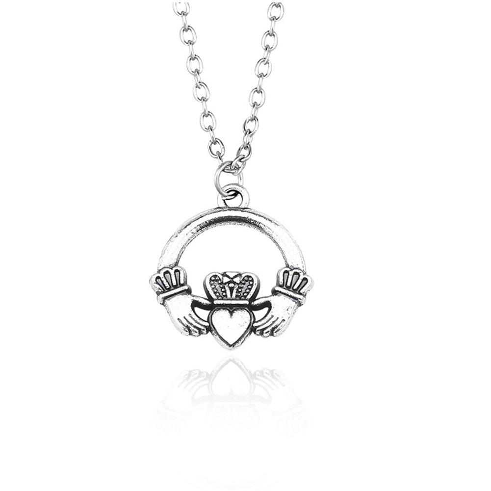 Retro Crown Necklace with Hands Holding Heart Pattern Ornament Christmas Birthday Gift