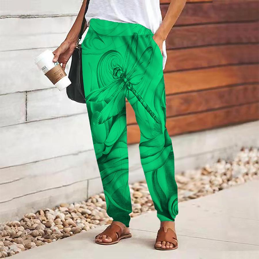 Dámské retro potištěné kalhoty se šněrováním v pase s gumou, volné kalhoty, ležérní dlouhé kalhoty s kapsami