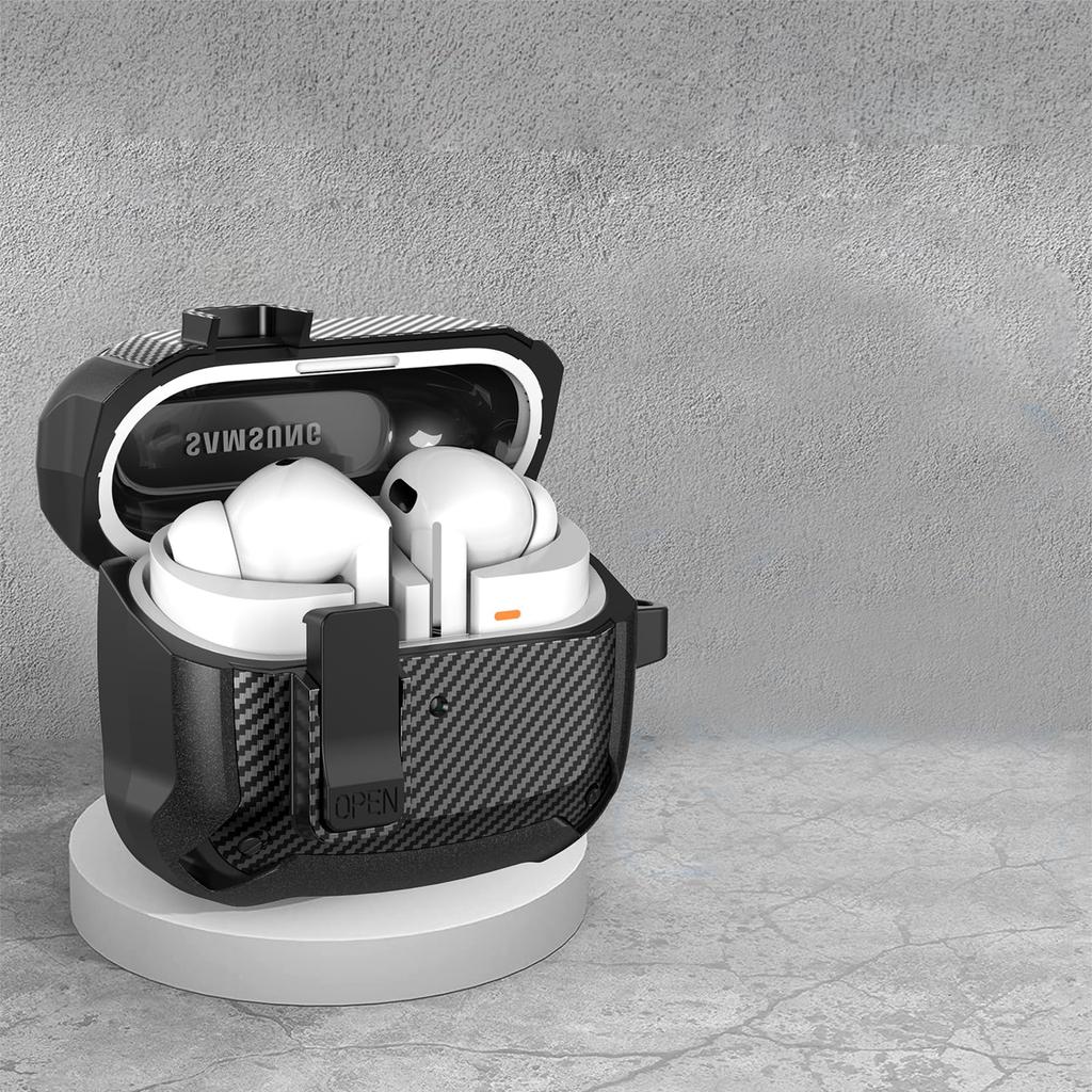 Carbon Fiber Case For Samsung Galaxy Buds 3/Galaxy Buds 3Pro with Keychain Secure Lock Shockproof Protective Case for Woman Man