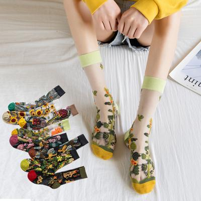 Women Mid Tube Socks Summer Gauze Transparent Mid-calf Flowers Fashion