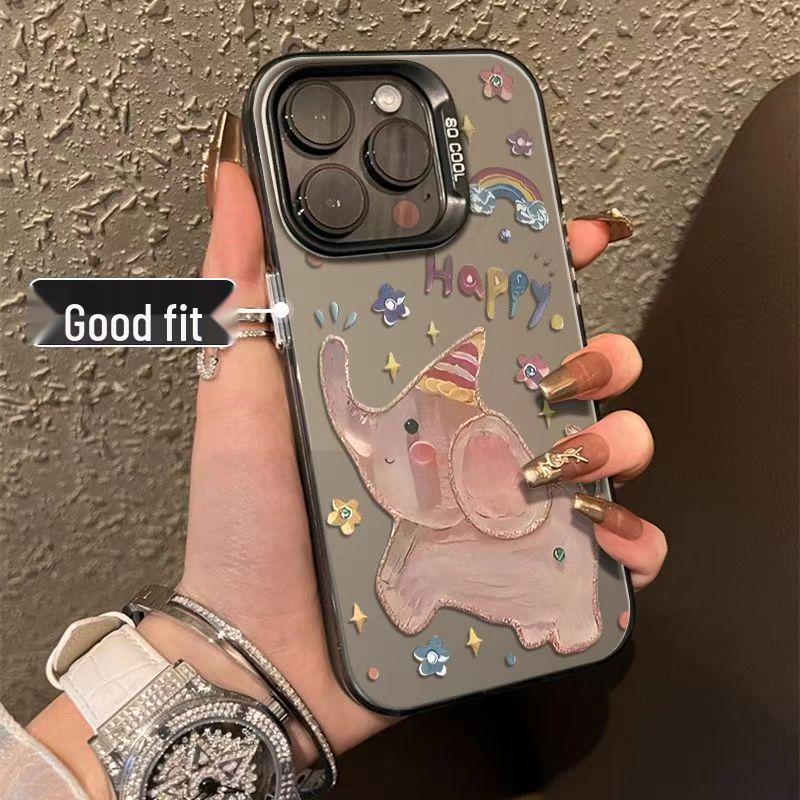 iPhone 16/14 ProMax, 12, 13, 11, 15 Case: Oil Painting Little Elephant Design, Silver