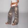 European and American cross-border retro y2k Spice Girls camouflage heavy industry splicing low-rise jeans women's straight-leg waist pants ins foreig