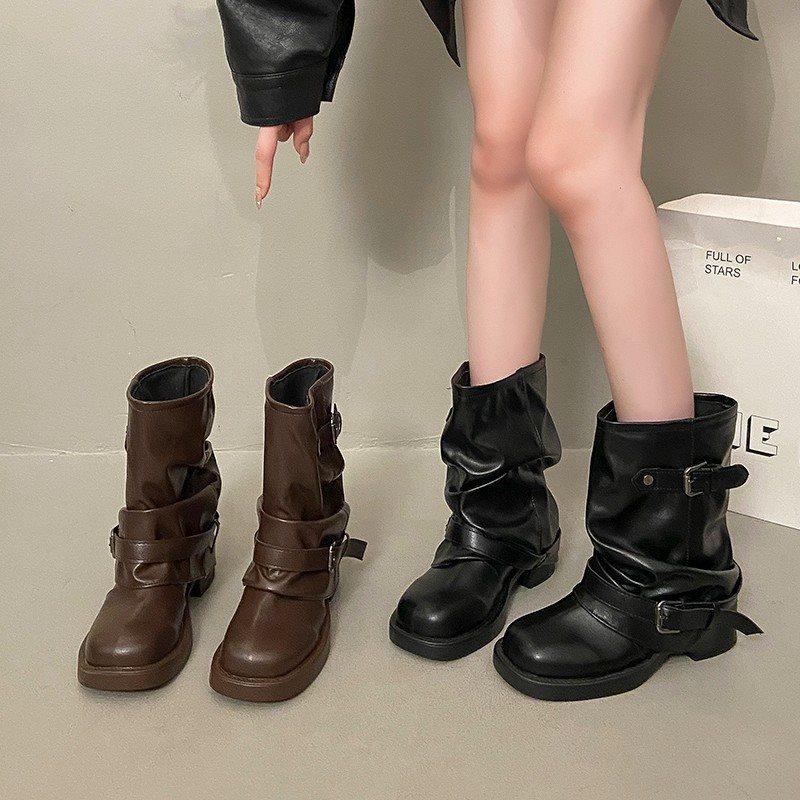 Folded thick heel belt buckle cowboy boots niche knight boots women's short boots retro boots round head trousers western pile