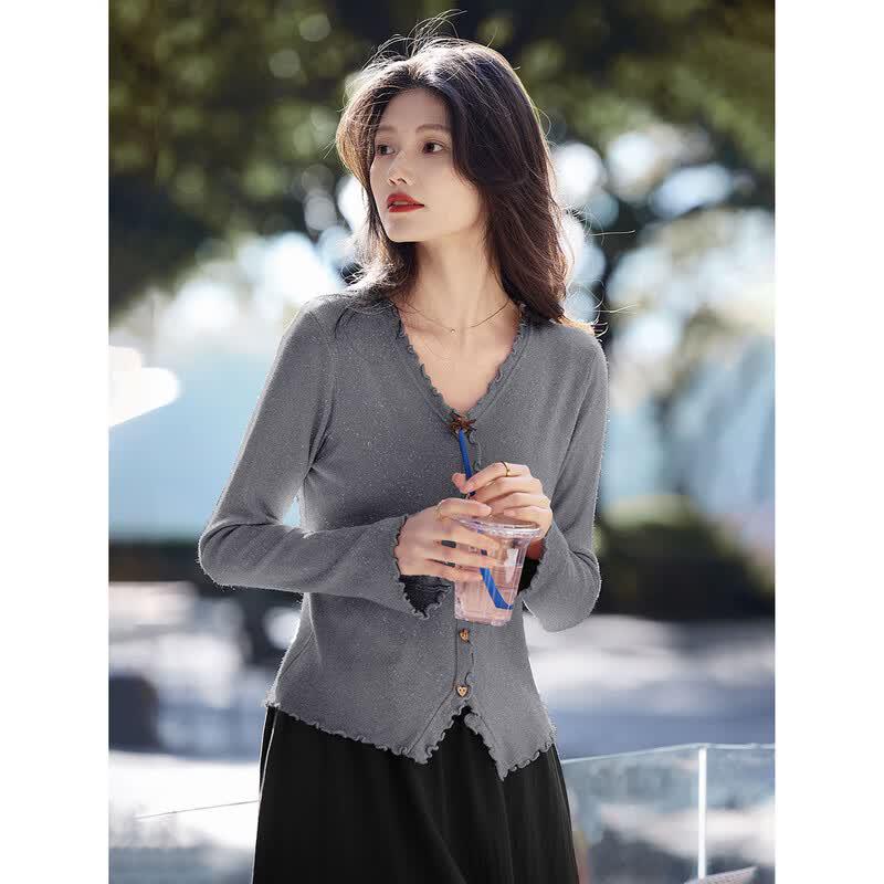 Sweet Korean Ruffle V-Neck Pullover Top One Size
