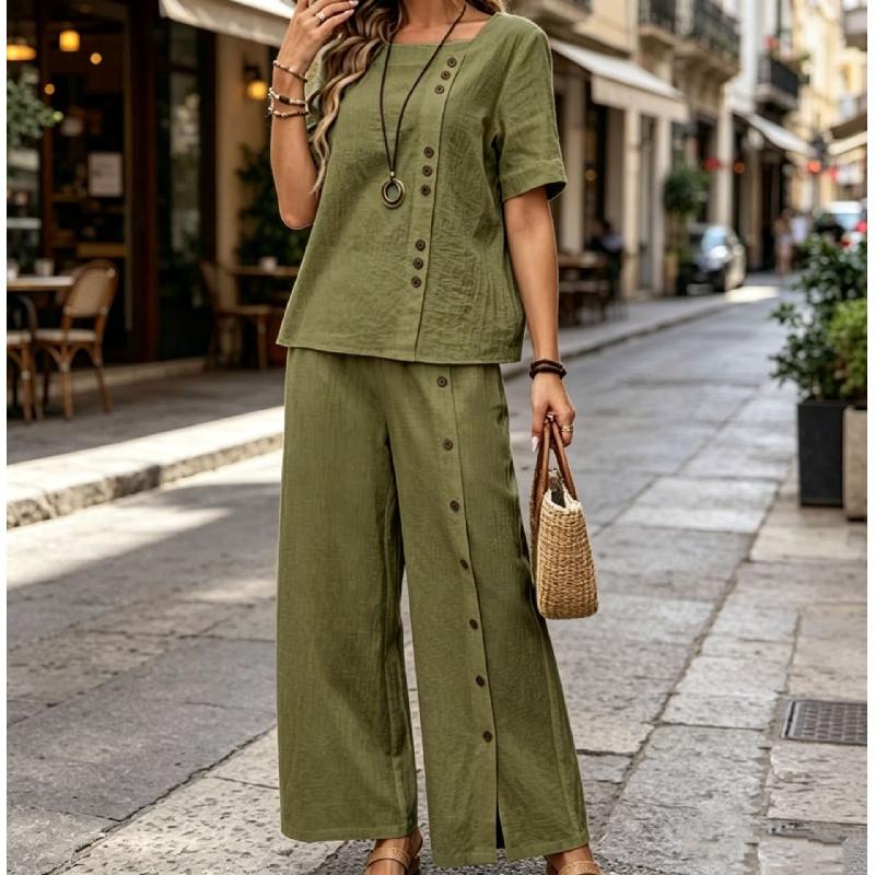 Women's Fashionable Loose Round-neck Button Short-sleeved Shirt and Wide-leg Pants Set
