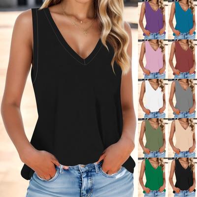 Women's Fashion Summer V Neck Tank Top Lightweight Sleeveless Solid Color Tank Top