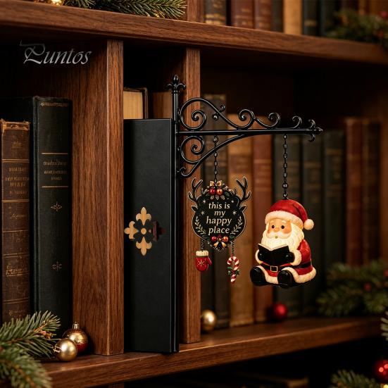 Unique Office Desk Decor Christmas Book Shelf Light, Iron Bookend Night Lamp with Santa Cozy Reading Corner Reindeer Snowman, Warm Glow Tabletop