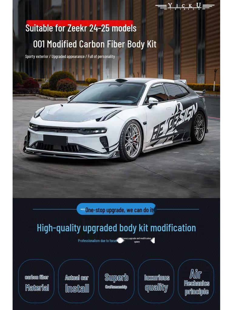Zeekr 001 Body Kit: Carbon Fiber Front Lip, Side Skirts, Rear Diffuser, Spoiler, Roof Spoiler.