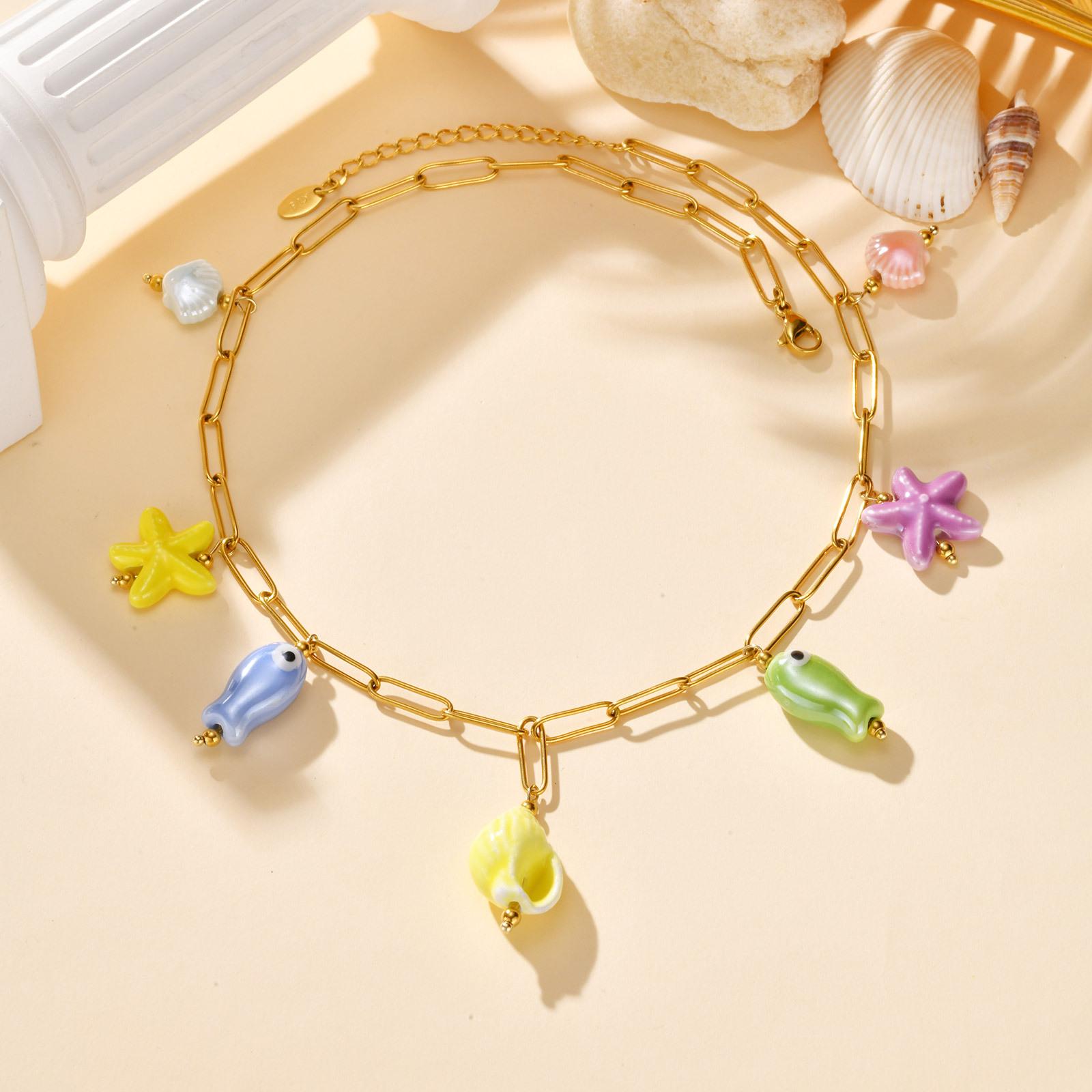 

Vnox Summer Ocean Style Necklace For Women,Stainless Steel Chain Colored Ceramic Starfish Conch Shell Accessories,Luxury Jewelry