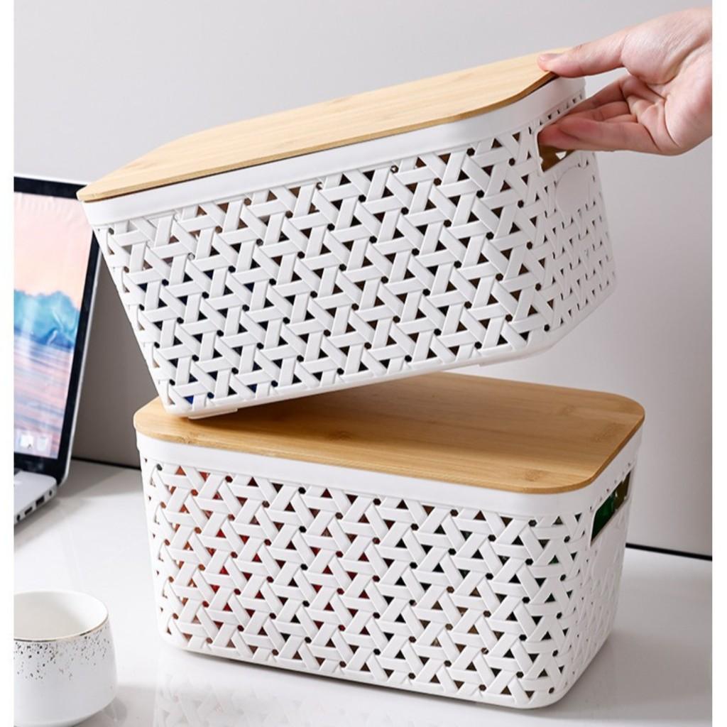 Amazon same style storage basket Plaid imitation rattan bamboo cover storage box simple office desktop storage box ,White
