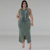 Plus Size Womens Denim Sleeveless Long Skirt Set With Fringe Zipper Split Detail Outfit