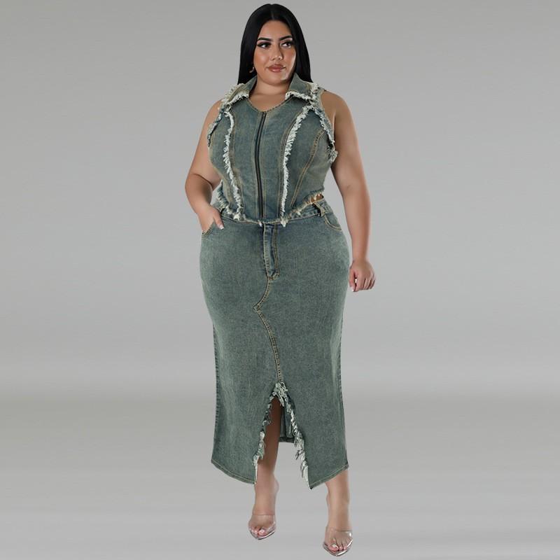 Plus Size Womens Denim Sleeveless Long Skirt Set With Fringe Zipper Split Detail Outfit