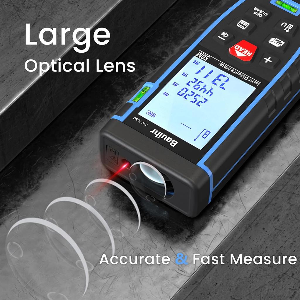 Laser Measure, Bauihr 165ft Laser Distance Meter, Portable Laser Measurement Tool with 2 Bubble Levels, Large Backlit LCD Display, Allowing