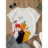 Europäische Größen Damen Katze Familienporträt Print T-Shirt | Rundhalsausschnitt Kurzarm, Weicher Atmungsaktiver Stoff