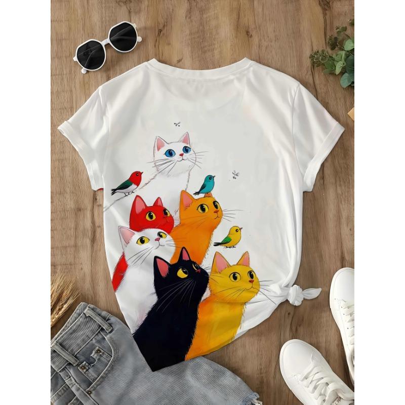 Europäische Größen Damen Katze Familienporträt Print T-Shirt | Rundhalsausschnitt Kurzarm, Weicher Atmungsaktiver Stoff
