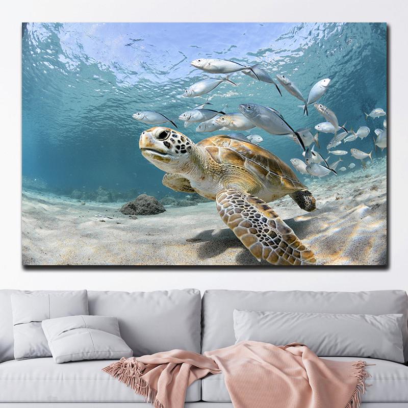 Grüne Meeresschildkröte schwimmt unter Wasser Leinwandmalerei Wandbilder Meeresleben Tierposter und Drucke für Wohnzimmerdekor Cuadros