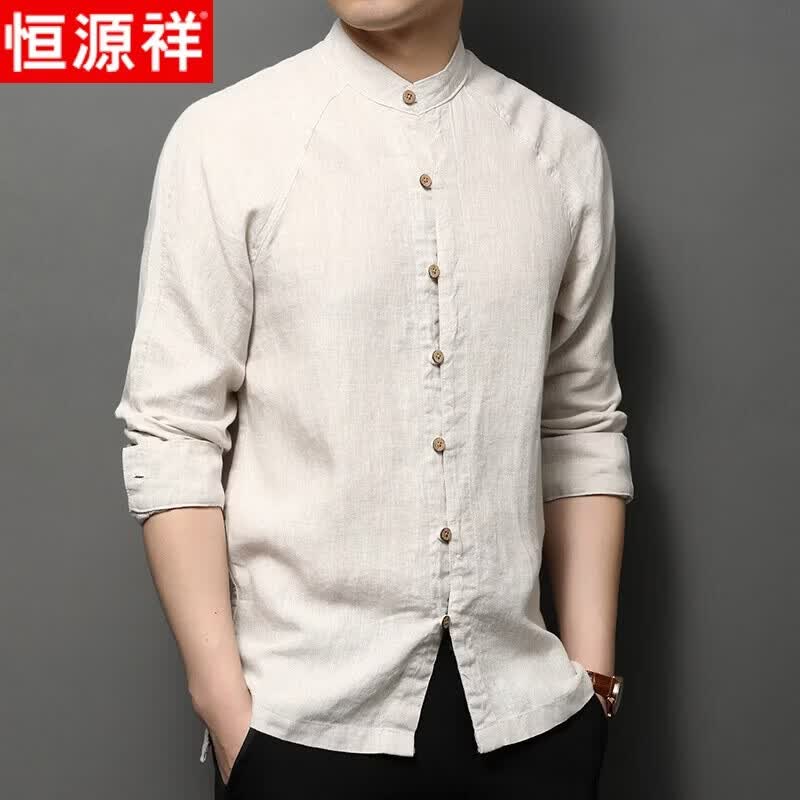 Hengyuanxiang Men's 100% Linen Chinese Stand Collar Long Sleeve Shirt