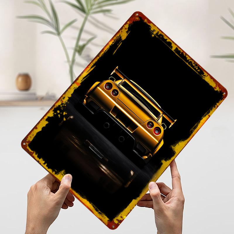 Sports Car GTR R Yellow Poster Customized Vintage Metal Signs Wall Art Retro Tin Plaque for Garage Gaming Room Decoration Home