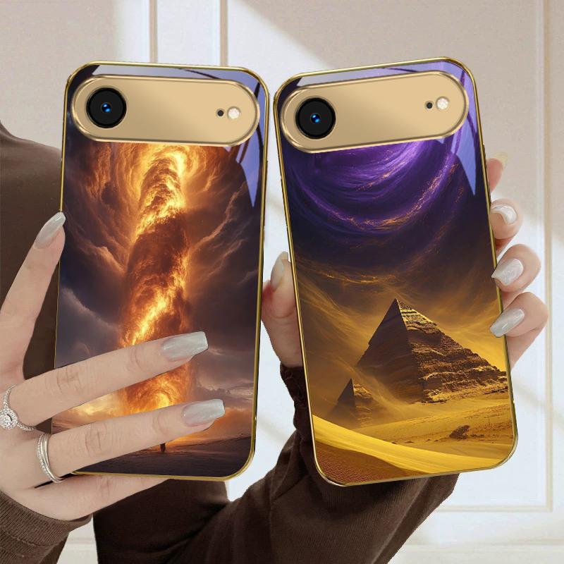 Пылающий туманный вихрь Для iPhone Air 16E 15 PRO 14 13 Plus 12 mini 11 17 Pro Max XR 16 17ProMax 17Pro Золотой стеклянный чехол для телефона