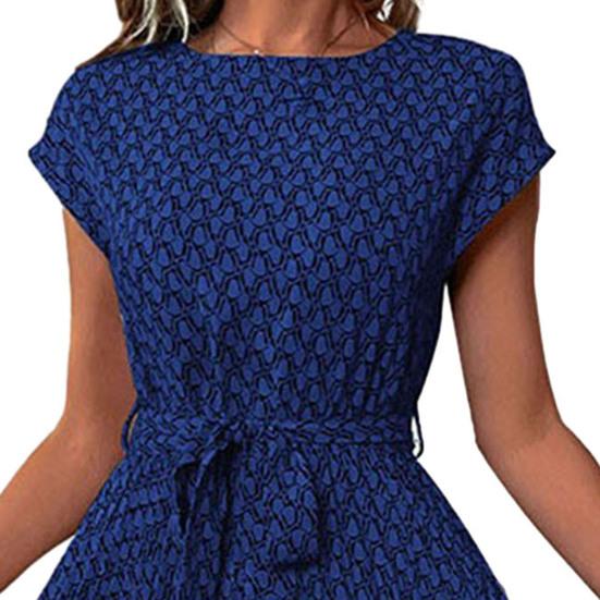 Women's Floral Printed Midi Dress Casual Crew Neck Short Sleeve Swing Dress with Belt Summer Beach Pleated Sundress