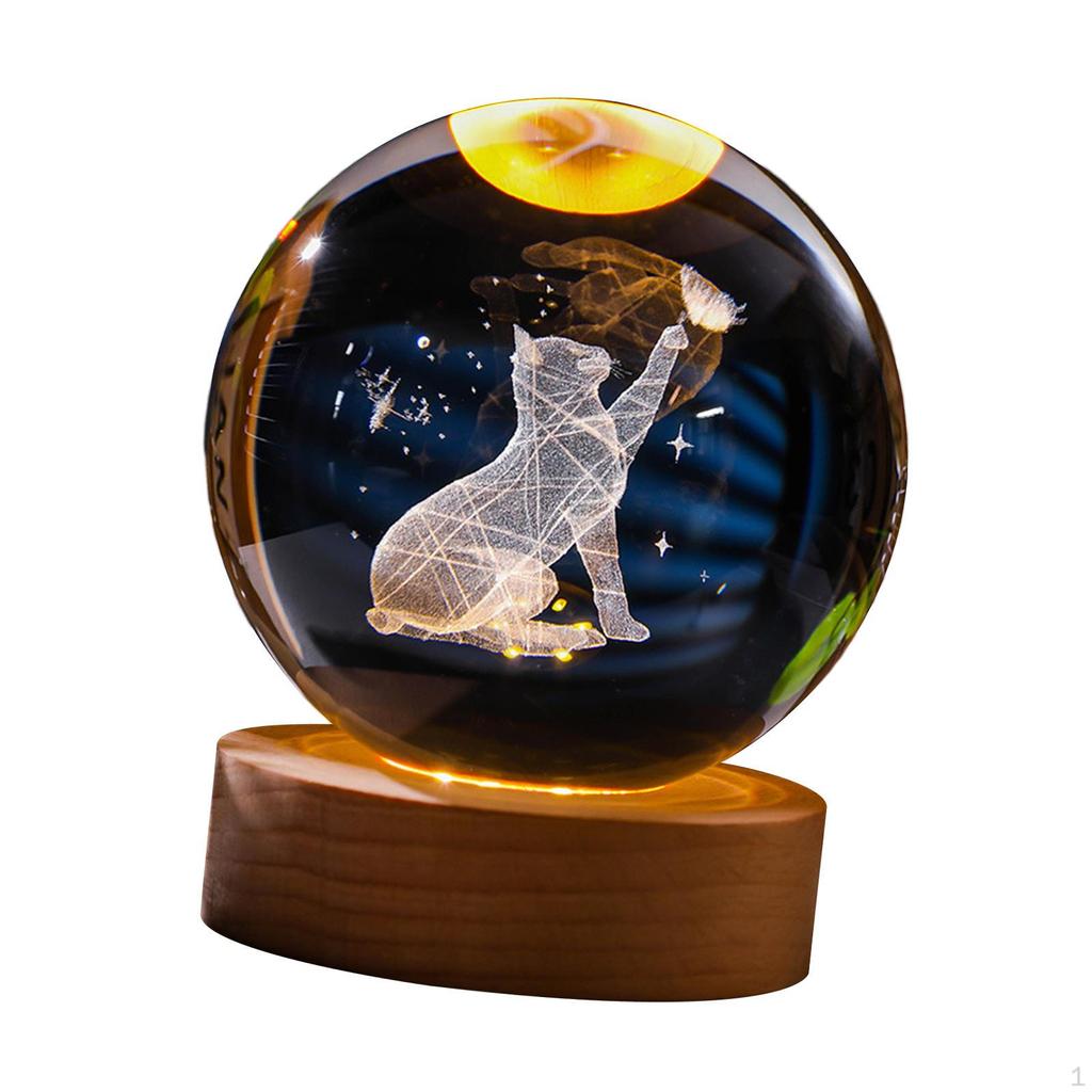 2.4inch 3D Artificial Crystal Ball Night Light Desk Decoration Wooden Base for Housewarming,