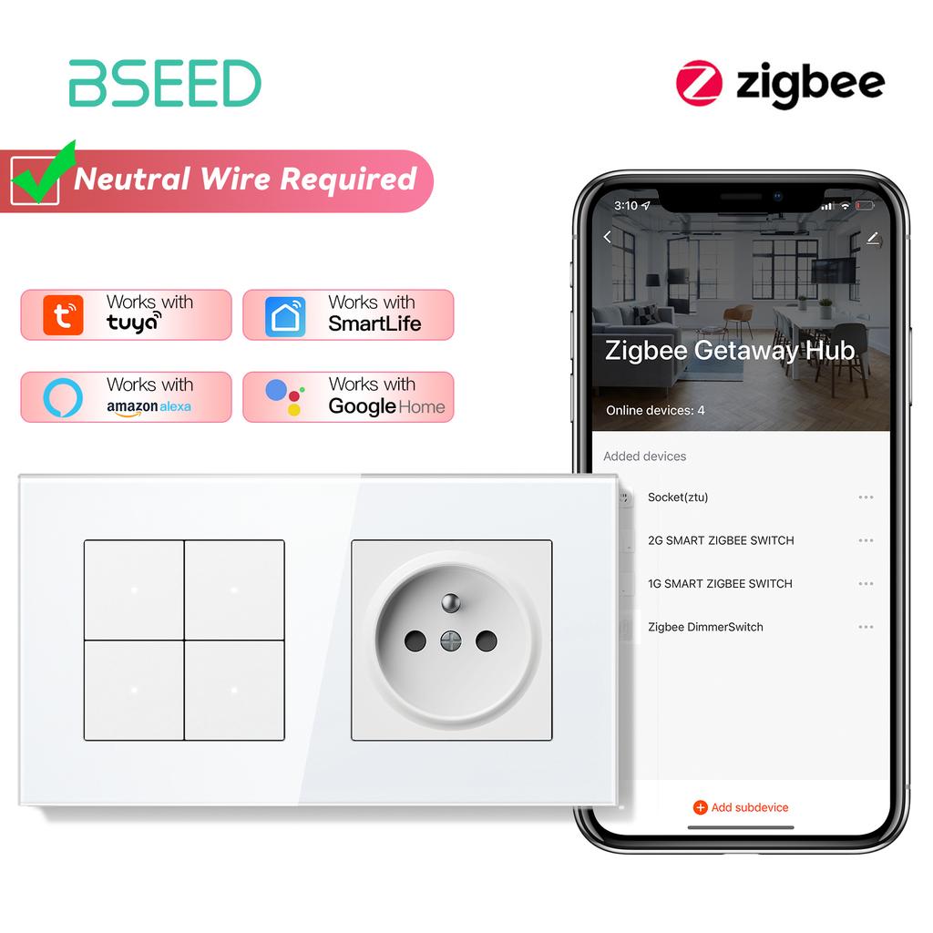 BSEED Zigbee 1/2/3/4Gang Smart Mechanical Button Switches Tuya Alexa Control Plus Normal French Power Socket Plug Glass Panels