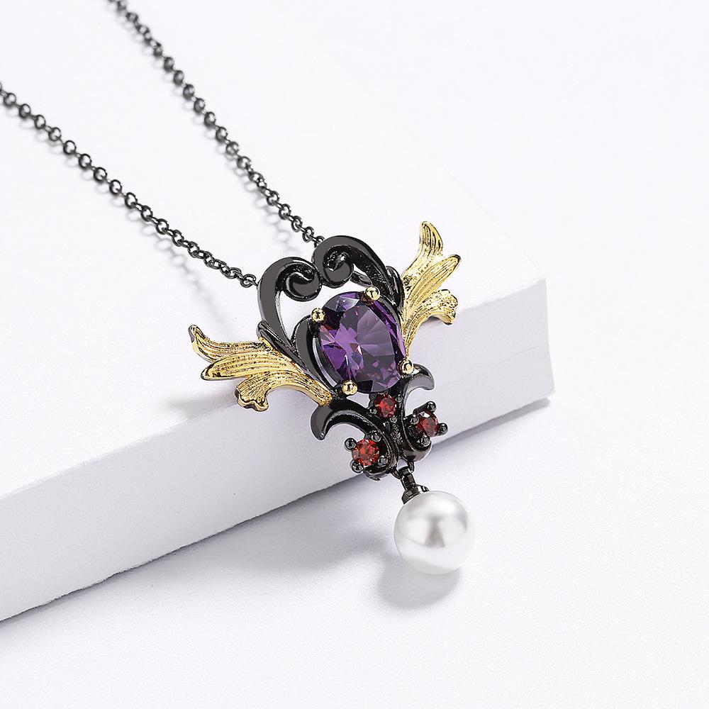 Pearl Pendant Female Elegance Zircon Jewelry Inlaid Sweater Chain Black Gold Love Necklace High Quality Two-Color Purple