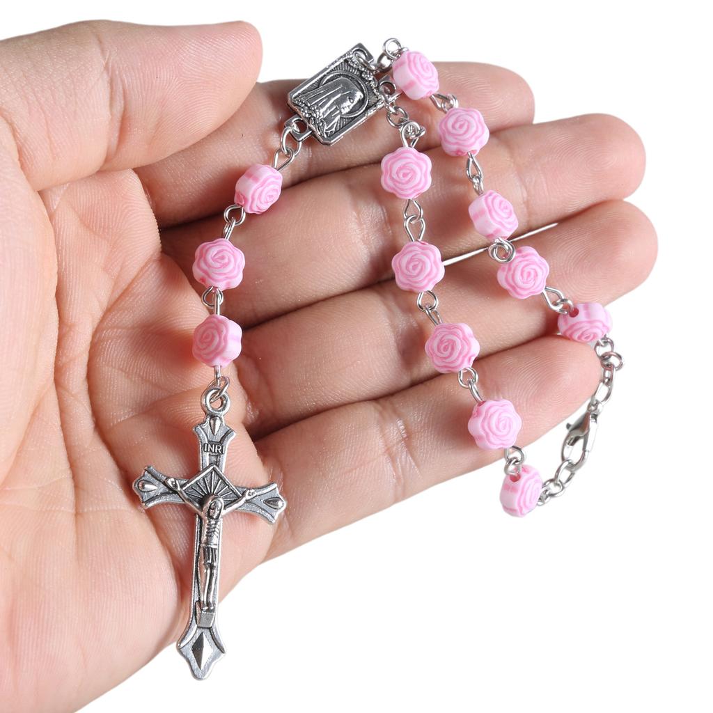 Elegant Crosses Pendant Wrist Chain Delicate Pink Rose Flower Hand Chain Beautiful Beads Hand String Chain Jewelry