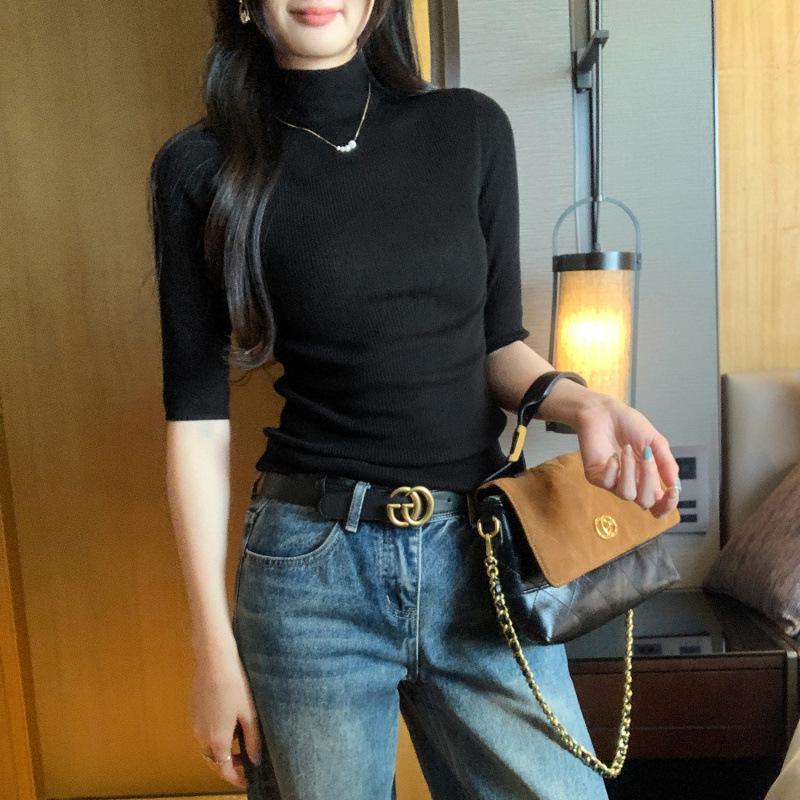 Korean Chic Elegant Half-High Neck Slim Fit Mid-Sleeve Knit Top for Women - 2026 New Arrival