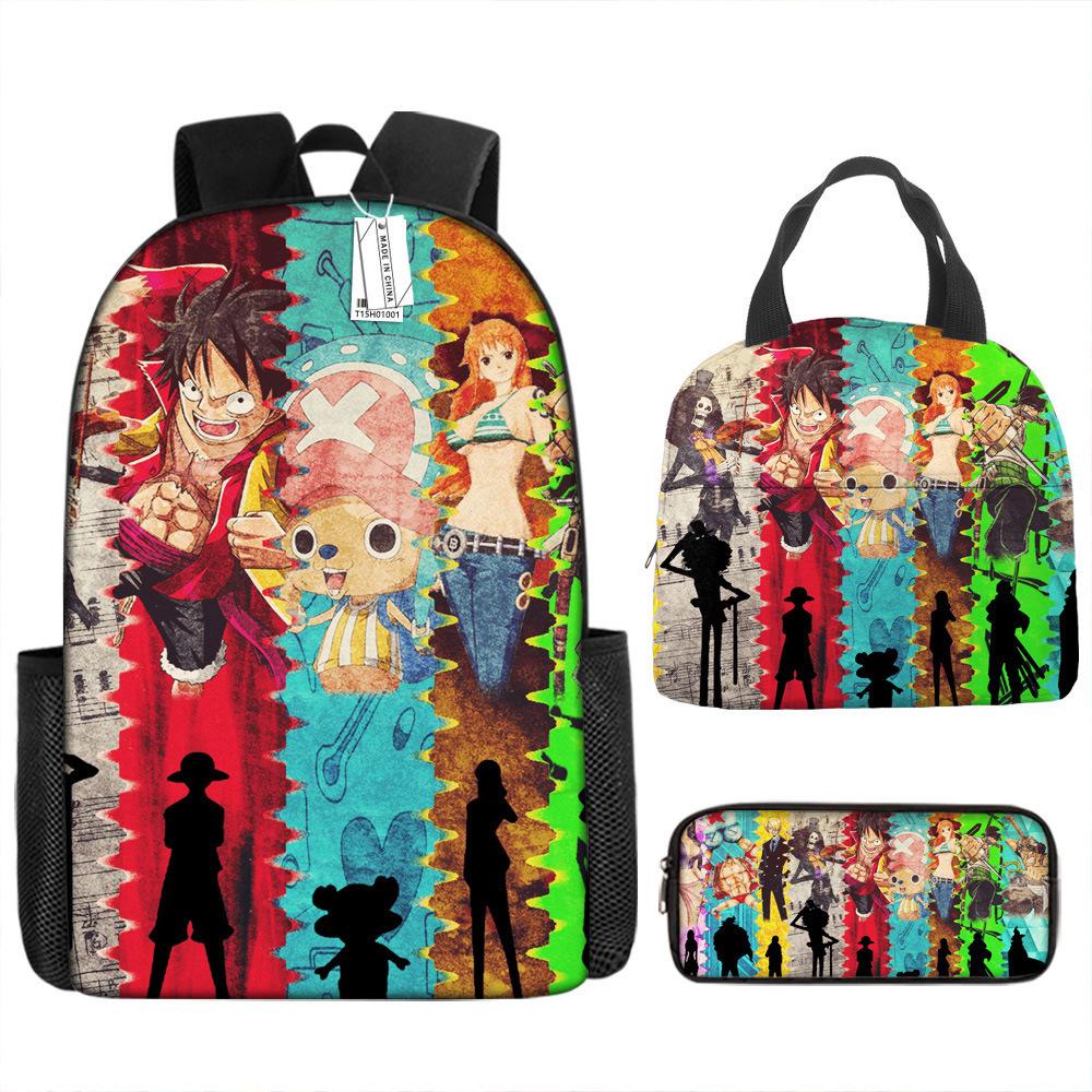 One Piece Luffy Rucksack 3-teiliges Set Schüler Schultasche Anime Rucksack Brotdose Klassisch Große Kapazität Wasserdicht