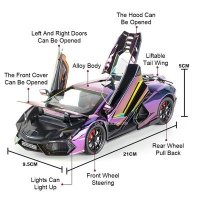 1:24 Scale Revuelto Bolide Sports Car Model Toy Pull Back Music Light Spray Supercar Doors Opened Alloy Diecast Models for Kids