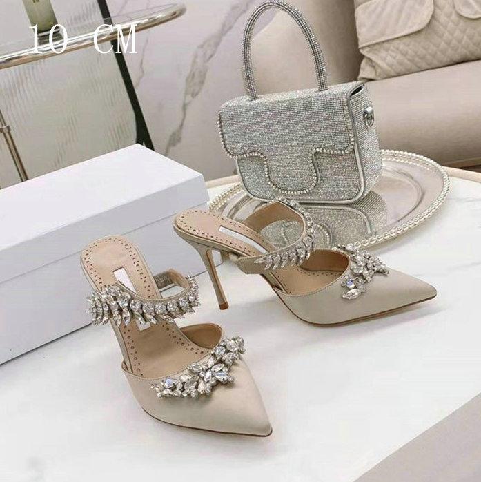 Luxury Crystal Slipper Wheat-Ear Rhinestone Pointed Sandals Silk Satin Covered Head High Heels Slippers Woman