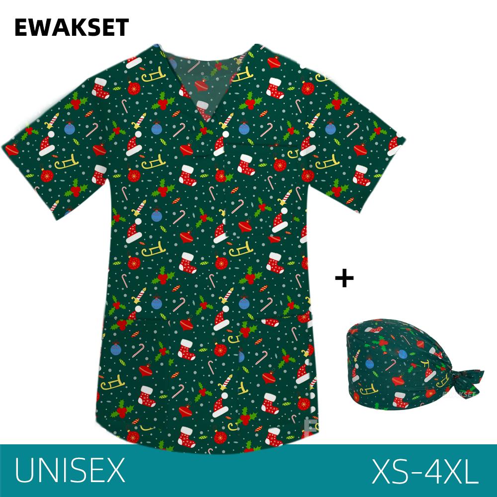 EWAKCOT Christmas Printed Scrub Tops Women Men Working Blouse Nurse Doctor Nursing Medical Accessories T-Shirt Unisex