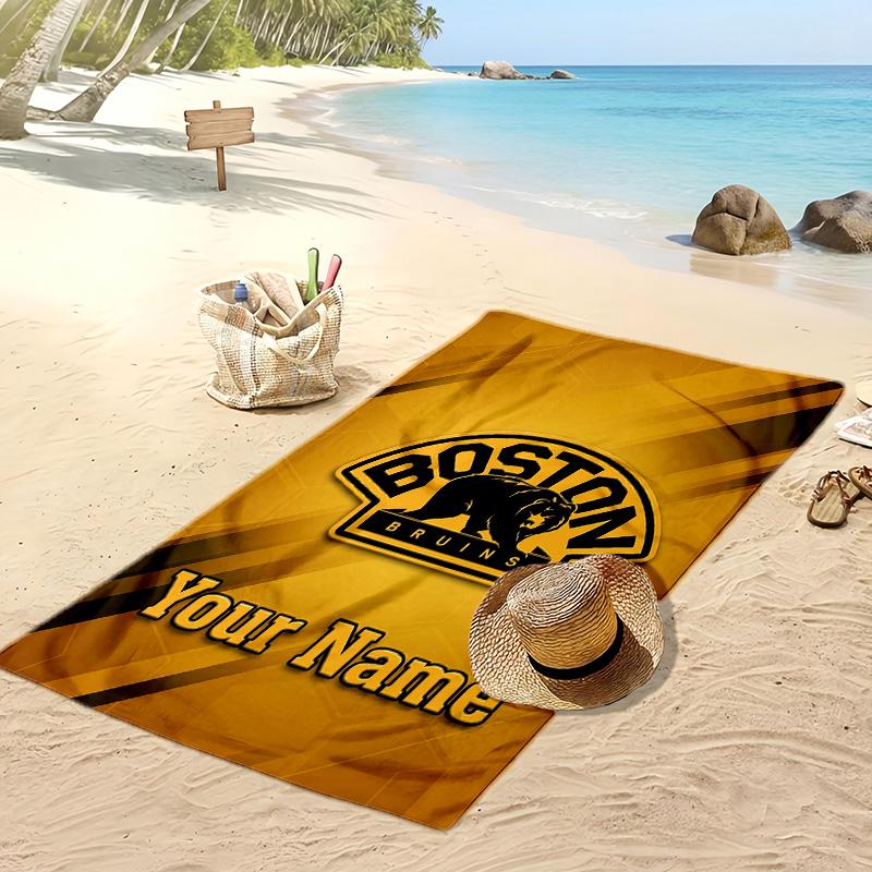 Boston Bruins Custom Beach Towel, Print Your Name Text Lightweight Absorbent Towel for Swimming Travel